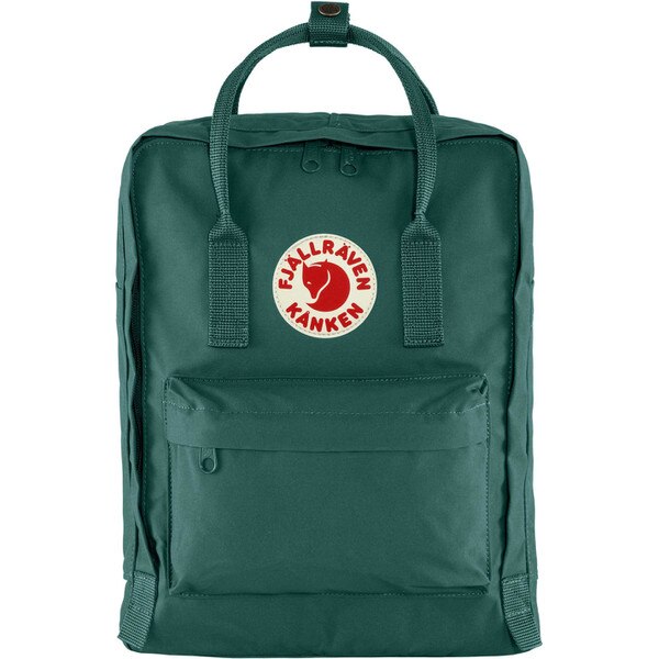 A dark green fjallraven backpack with the iconic circle logo patch on the front, a main compartment, two side compartments, and a front compartment, and two shoulder straps and a top strap.